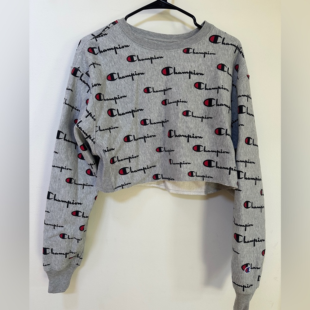 Champion Women's Gray and Red Logo Crew Neck Crop Length Sweater